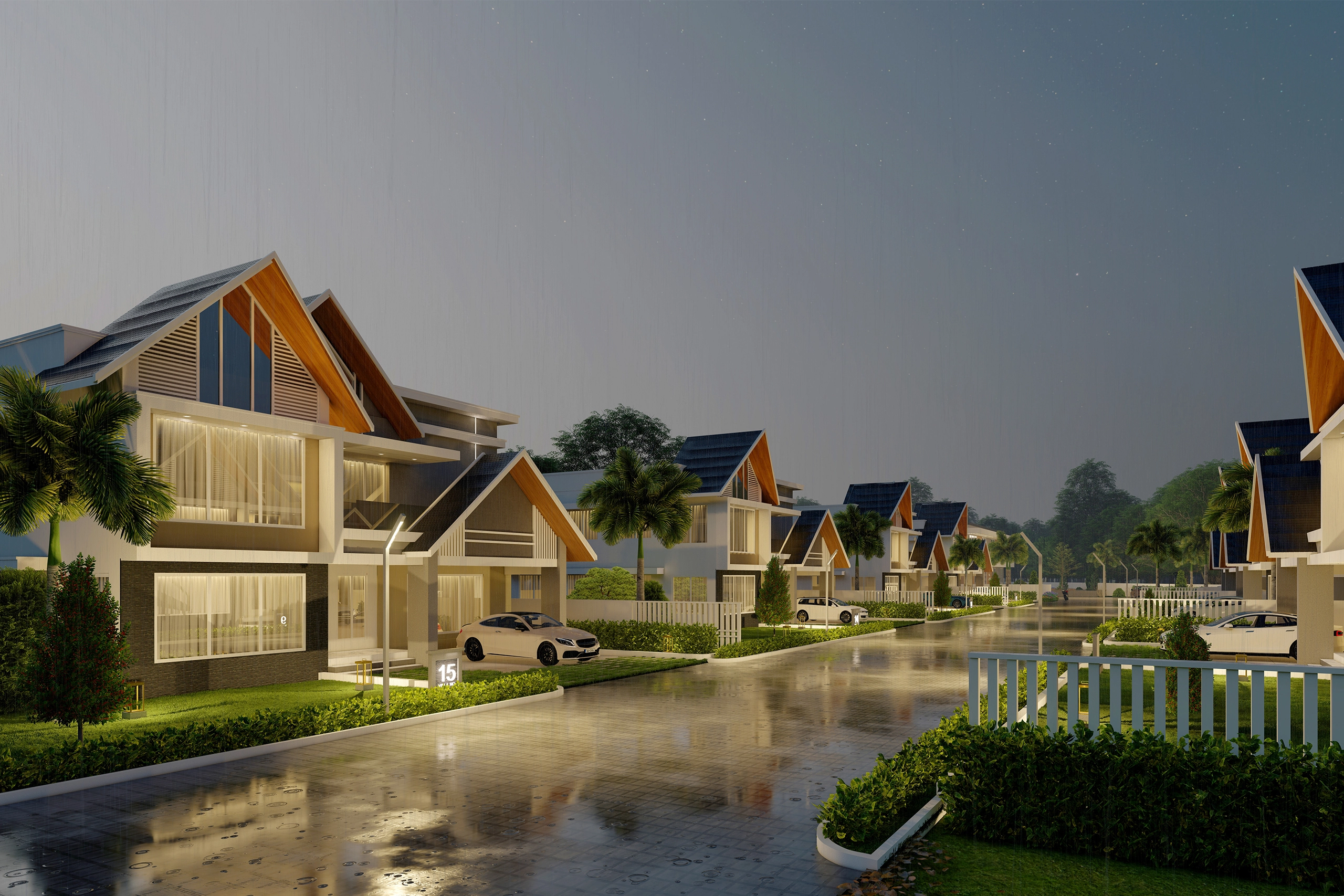Luxury villas in Trivandrum gated community with uniform elevation and premium night view