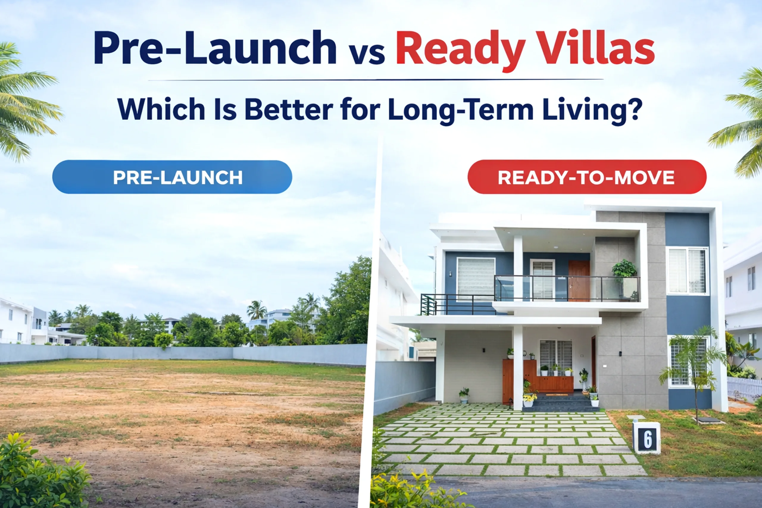 Pre-launch vs ready-to-move villas in Kochi showing empty plot and completed luxury villa comparison
