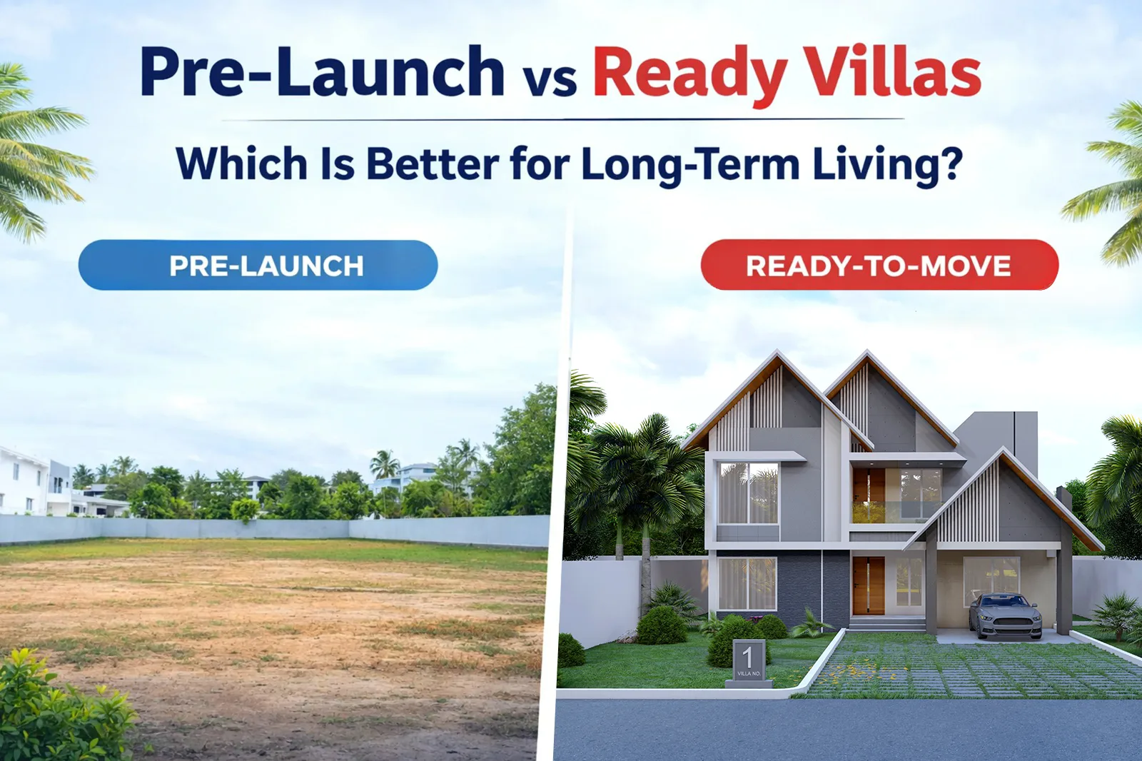 pre launch villas in Trivandrum comparison showing under construction plot and ready villa side by side