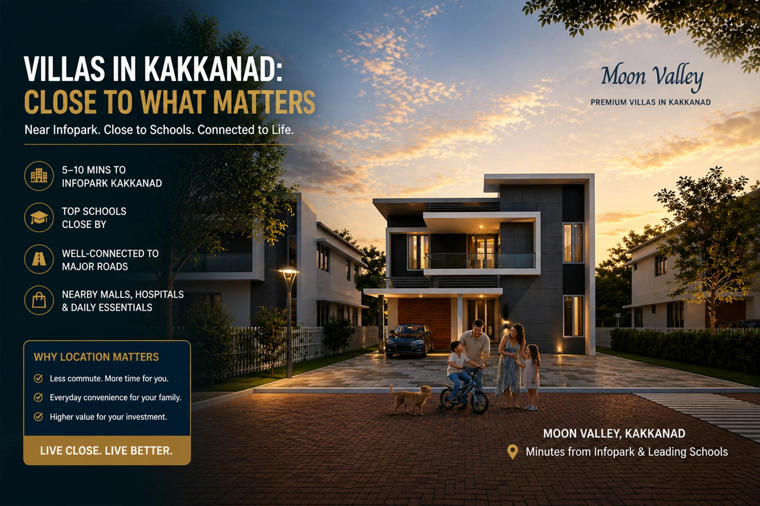 Moon Valley premium villas in Kakkanad located close to Infopark, top schools, hospitals, and major roads with modern gated community living.