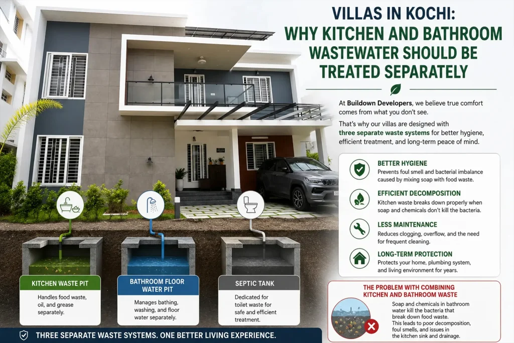 Modern villas in Kochi with separate kitchen waste pit, bathroom water pit, and four chamber septic tank wastewater system.