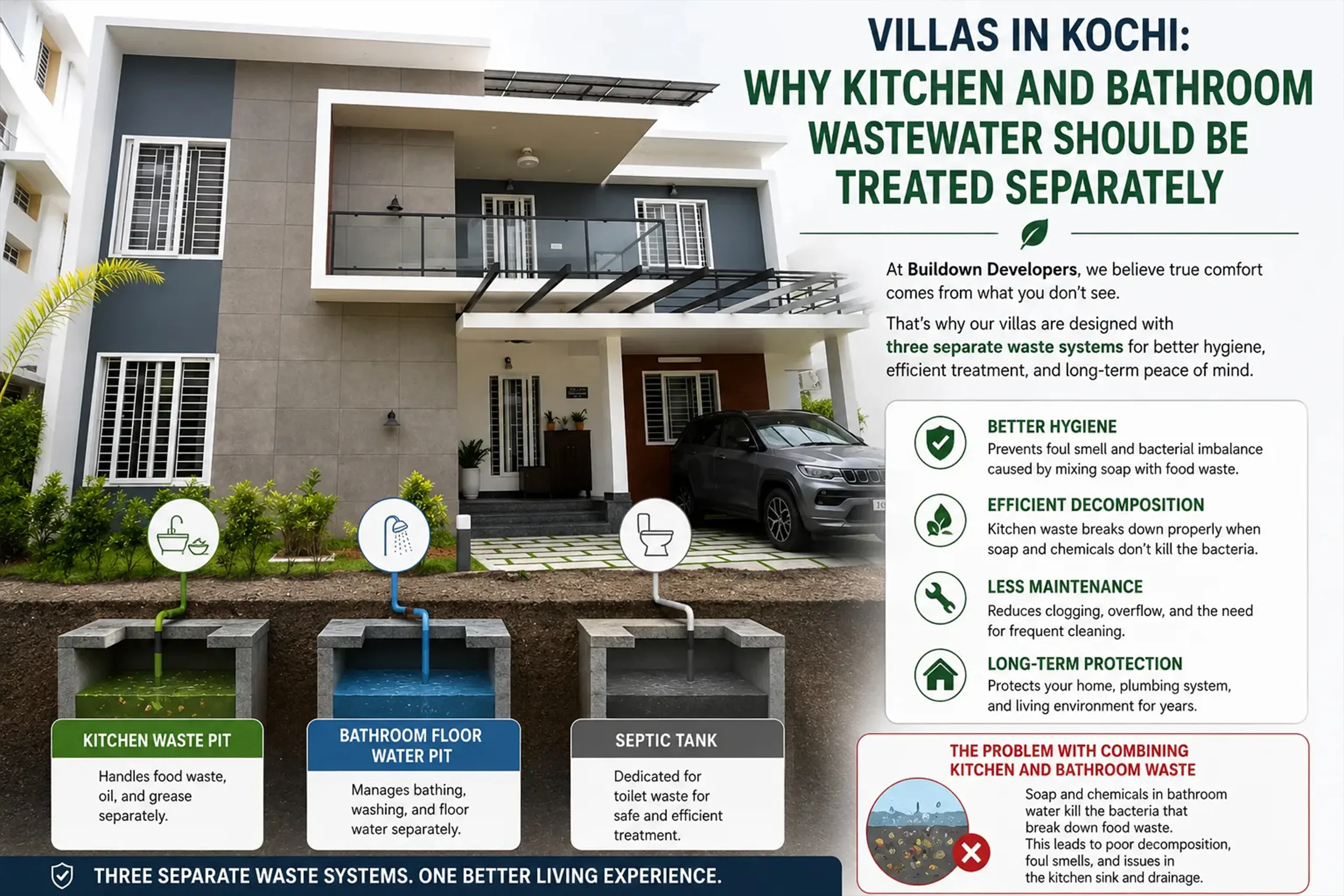 Modern villas in Kochi with separate kitchen waste pit, bathroom water pit, and four chamber septic tank wastewater system.