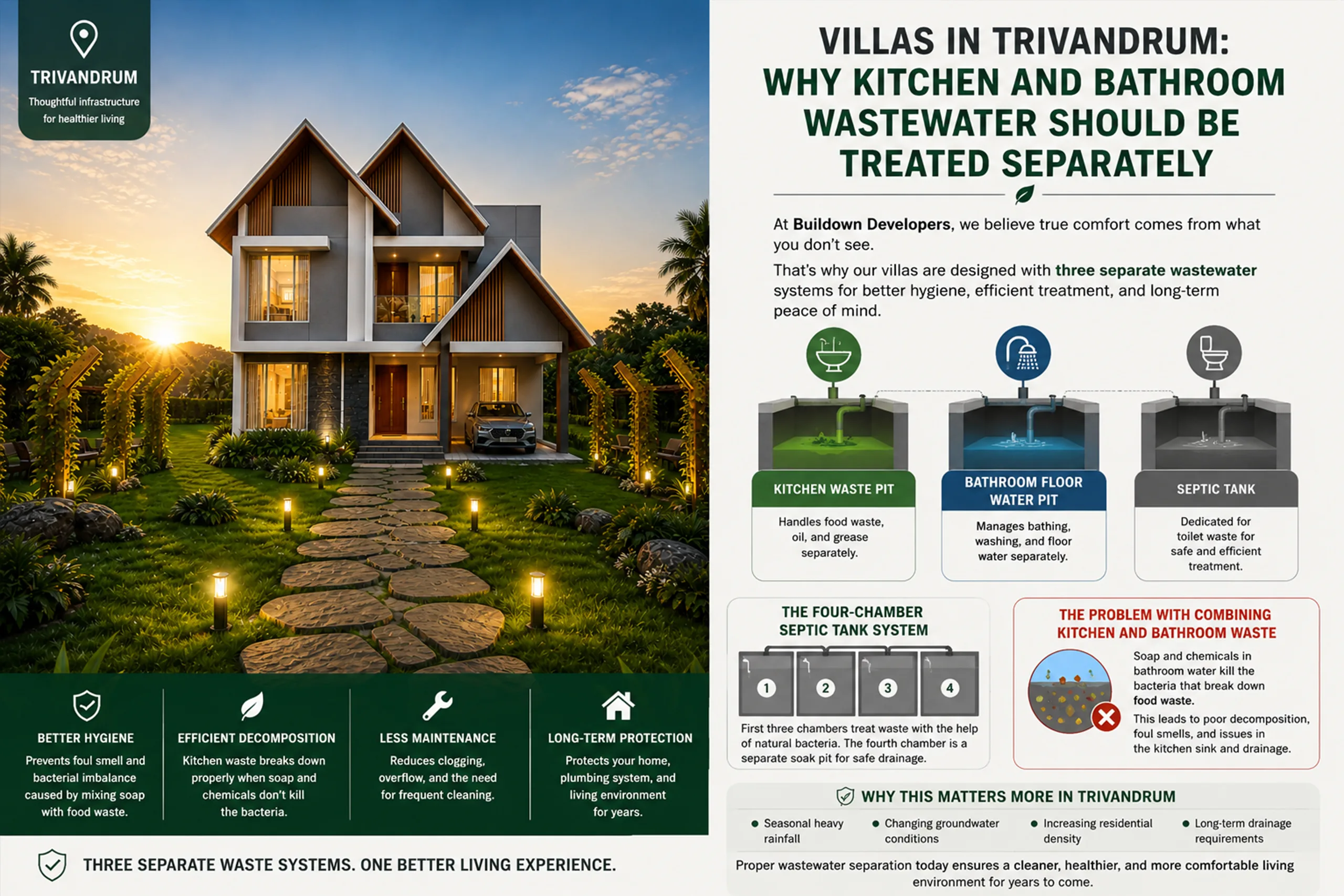 Modern villas in Trivandrum with separate kitchen waste pit, bathroom water pit, and four chamber septic tank wastewater system.