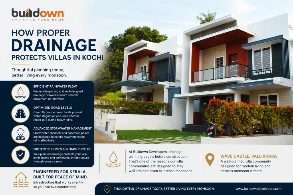 Modern Buildown villa community in Kochi with proper drainage infrastructure designed to efficiently manage monsoon rainwater.