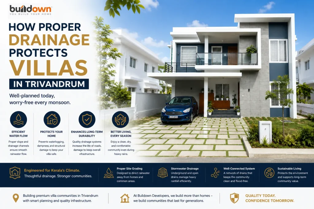 Premium Buildown villa in Trivandrum with engineered drainage infrastructure for efficient monsoon rainwater management.