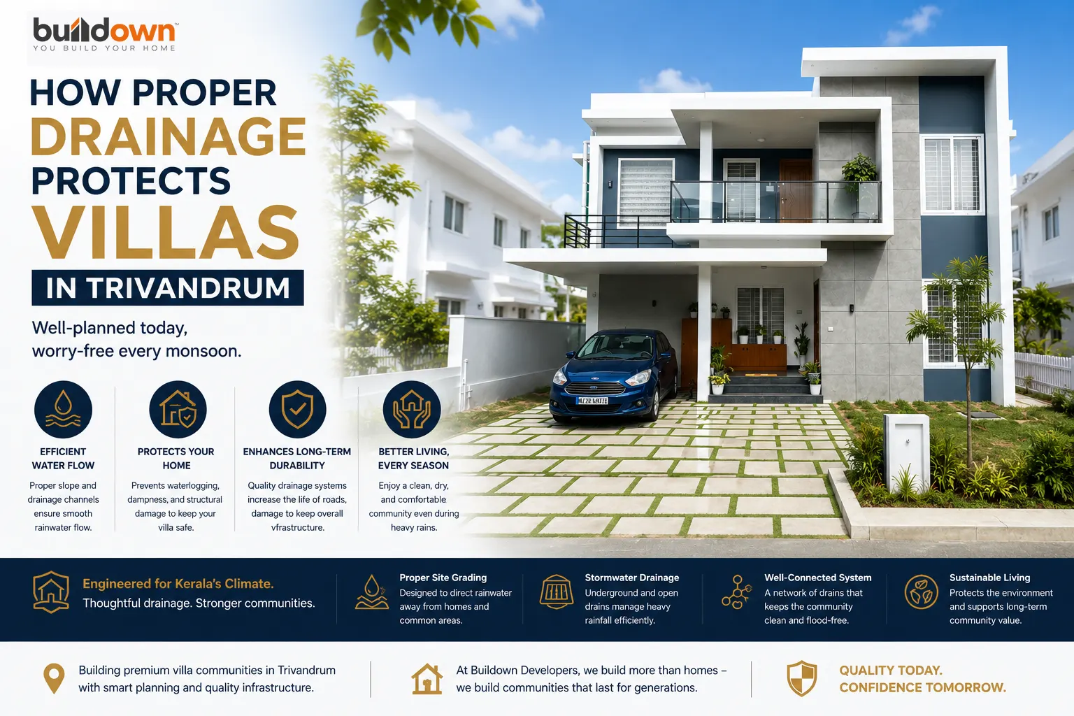 Premium Buildown villa in Trivandrum with engineered drainage infrastructure for efficient monsoon rainwater management.