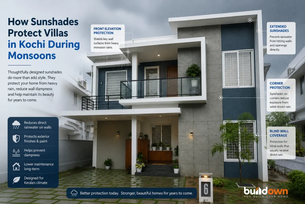 Modern villa in Kochi showcasing extended sunshades designed to protect exterior walls and windows from heavy monsoon rainfall.