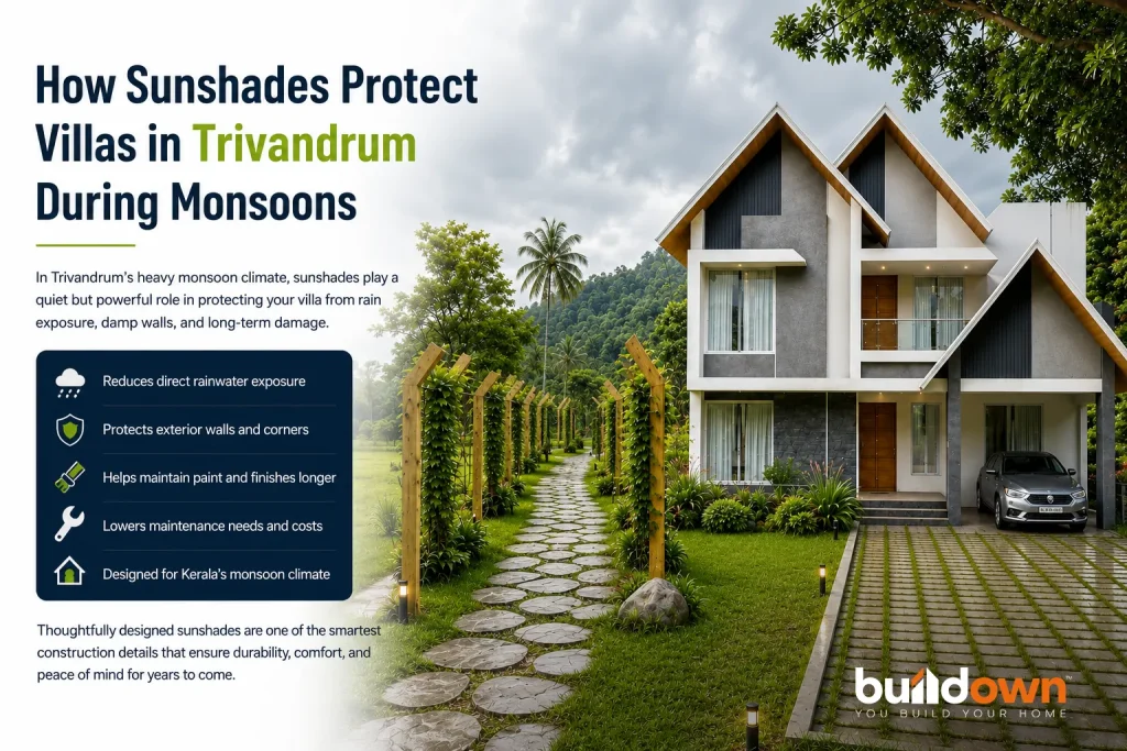 Modern villa in Trivandrum with extended sunshades protecting walls and windows from monsoon rain.