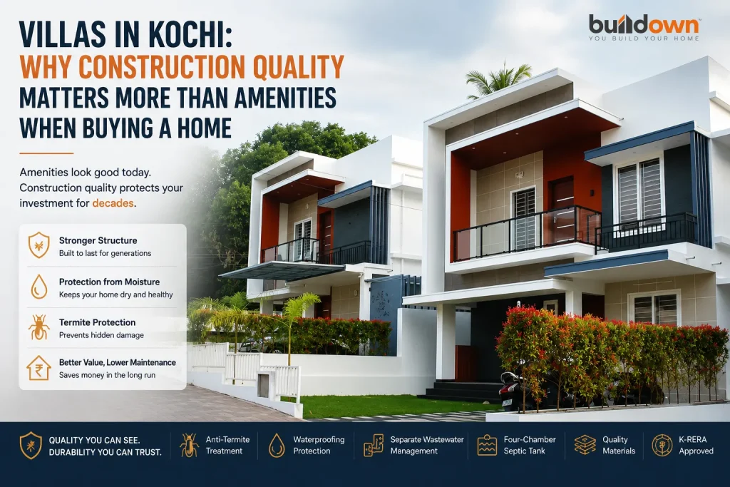 Premium villa in Kochi highlighting quality construction features including waterproofing, anti-termite treatment, and durable building materials.