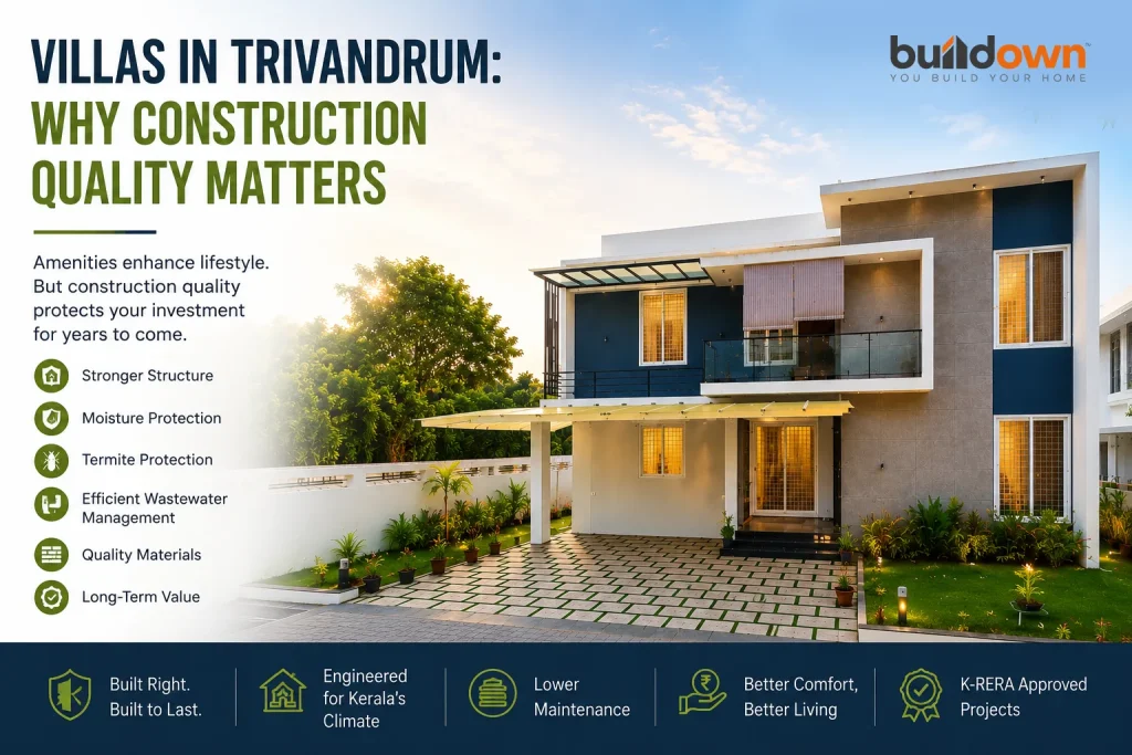 Modern premium villa in Trivandrum highlighting the importance of construction quality, durability, waterproofing, and long-term value.