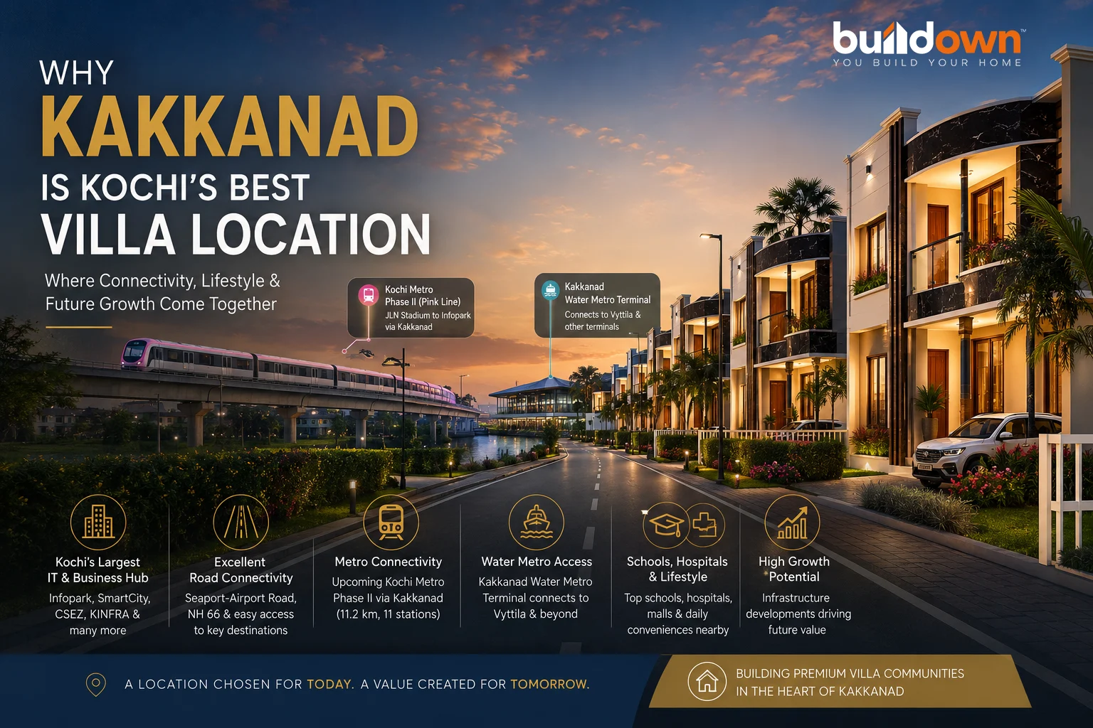 Premium Buildown villa community in Kakkanad showcasing modern homes with excellent road, Metro, and Water Metro connectivity in Kochi.