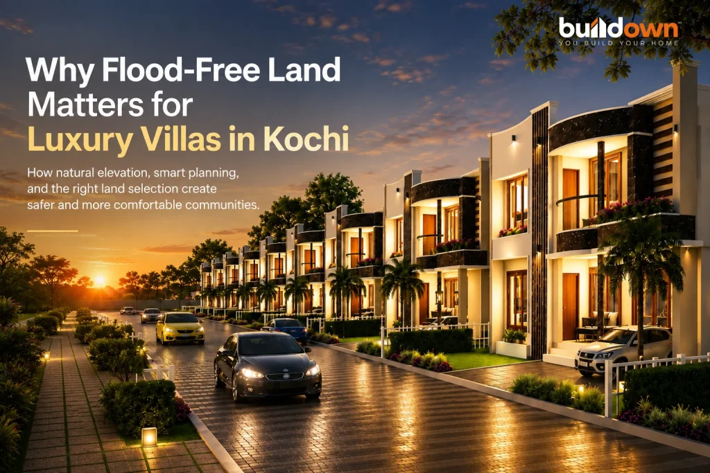 Modern luxury villa community in Kochi built on naturally elevated land with wide roads, landscaped surroundings, and planned drainage by Buildown Developers.