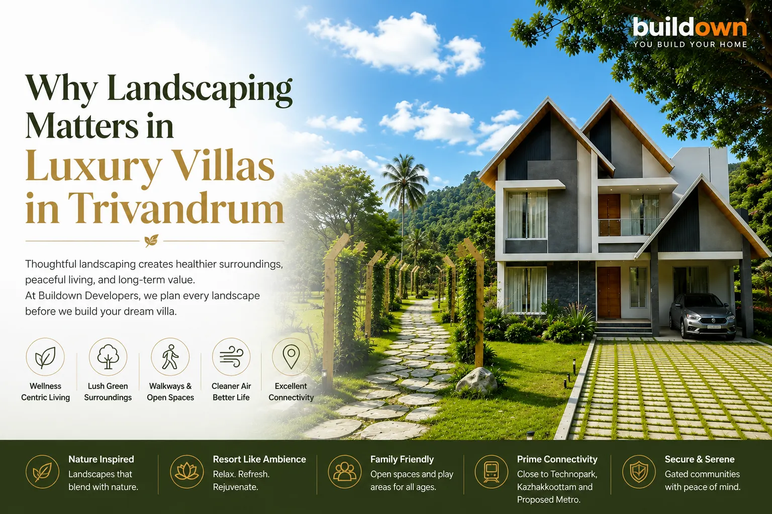 Beautiful landscaped luxury villa community in Trivandrum with tree-lined roads, wellness-inspired open spaces, lush greenery, and peaceful surroundings by Buildown Developers.