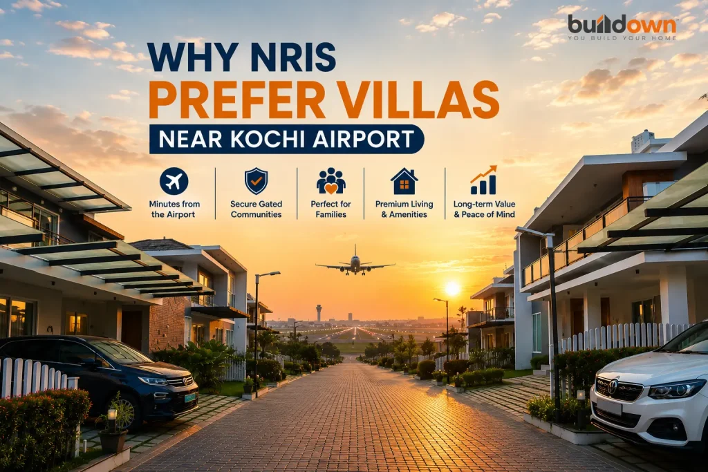 Luxury villa community near Kochi Airport with an airplane approaching in the distance