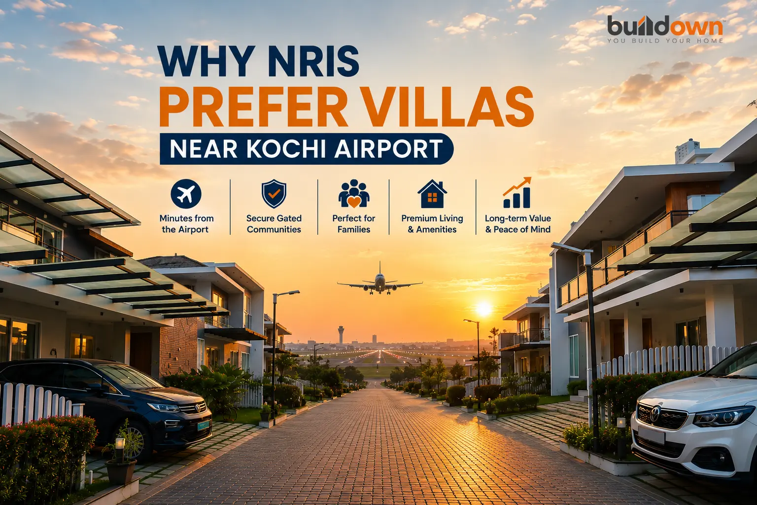 Luxury villa community near Kochi Airport with an airplane approaching in the distance
